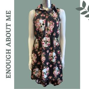 Sleeveless High Low Dress Floral Skull Print button front Elasticic waist Black